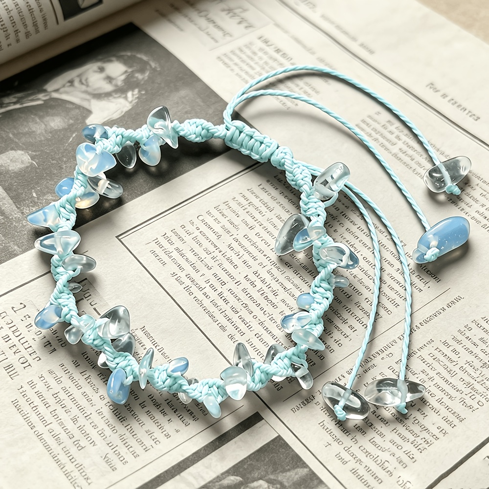 Unisex Ocean Style Blue Irregular Pebble Handwoven Rope Bracelet